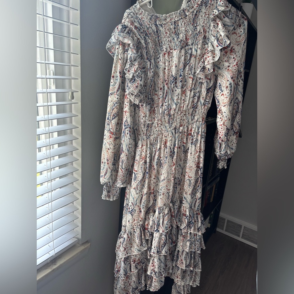 Cream and Brown Long Sleeve Sundress with Bishop Sleeves